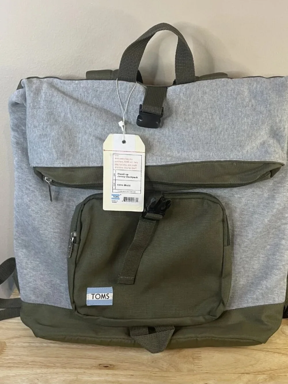 Vintage TOMS StandUp Backpack Unisex Olive Gray Jersey NWT Laptop